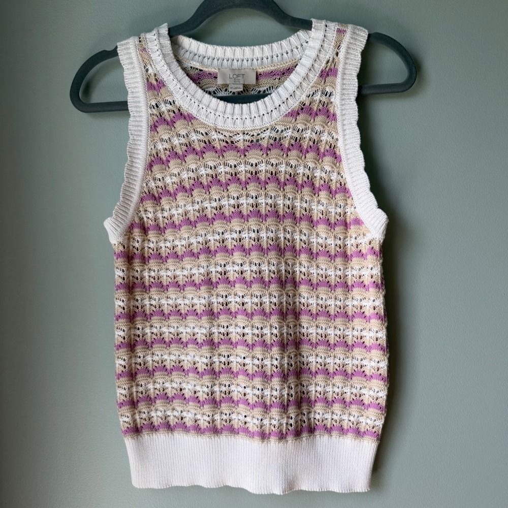 LOFT Open Knit Sleeveless Sweater Vest Crochet Pink Cottage 100% Cotton SP NWT